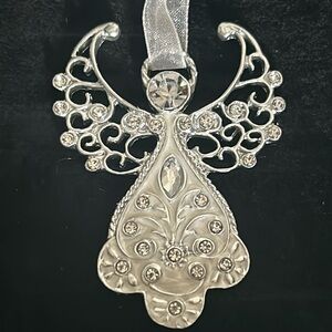 Silver Tone Cream Enamel Filigree Diamond Encrusted Rhinestone Angel Ornament